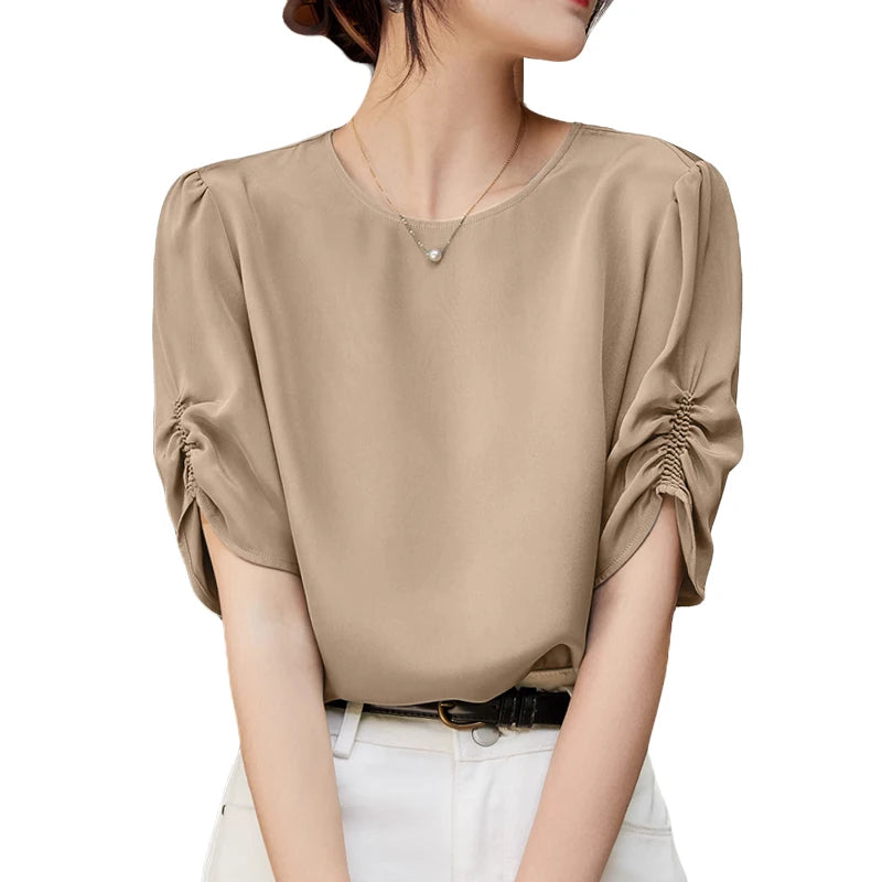 Solid Casual Office Work Tops Fashion Summer Short Sleeve Elegant Loose Blouse
