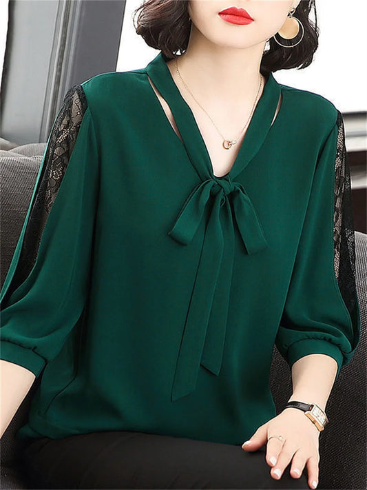 Women Casual Bow Tie Collar Half Lace Sleeve Loose Blouse