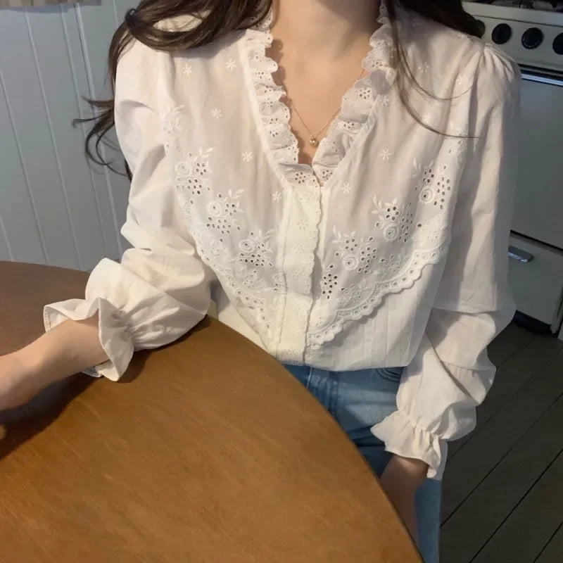 Korean Style Women's V-Neck Button-Up Shirt With Lace Trim  For Fashion Lovers