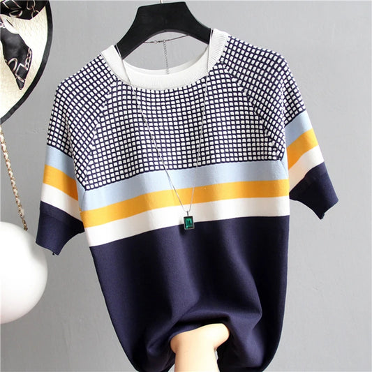 Vintage Ladies Tops Striped Summer Blouse Pink Elasticity Short Sleeve Blue Women Blouse