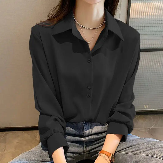 Korean Black Chiffon Shirts For Women Long Sleeve Shirts