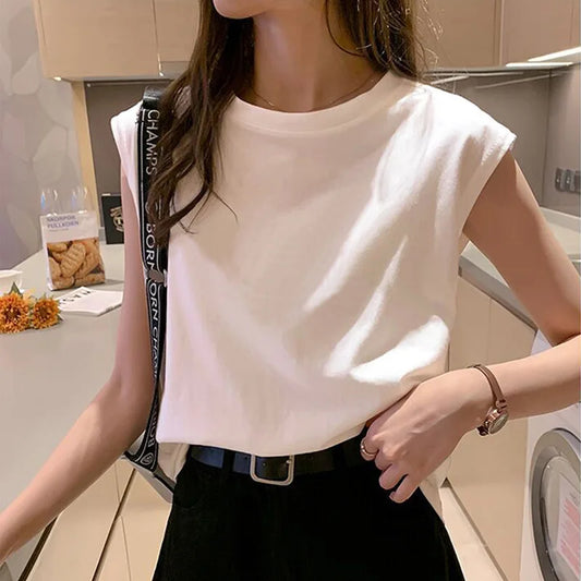 Summer Loose Sleeveless T-shirts Women O-Neck Solid Color Korean Tee Shirt