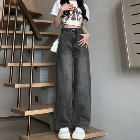 American Style Black Grey Wide-Leg Jeans For Women, Low Waist Straight Leg Loose Fit