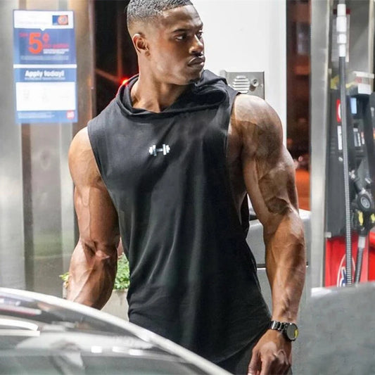 Summer Loose Sleeveless Hooded T-shirts Cotton Breathable Mens Sport Gym Bodybuilding Tank Tops Fitness Muscle Hoodie
