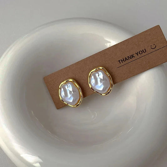 Geometric Irregular Round Metal Pearl Earrings for Women Trendy Jewelry