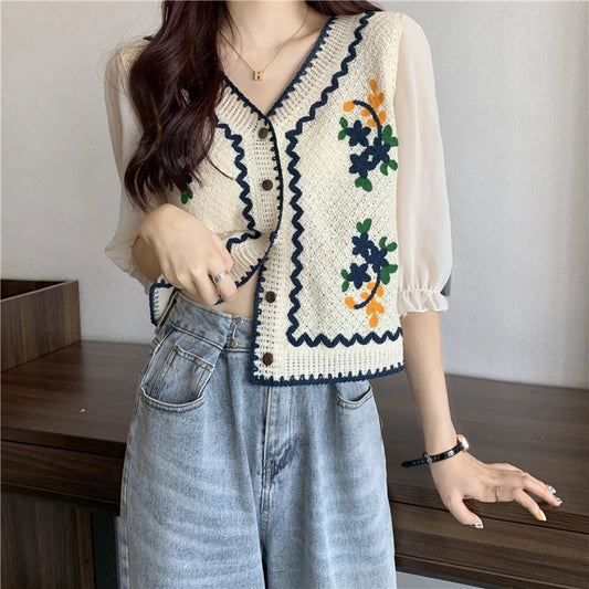 Flower Embroidery Crochet Blouse with Chiffon Sleeve Button Front Cardigan Top Women Spring Summer blouse
