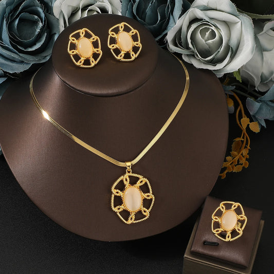 Golden opal pendant Necklace Earrings  Ring for Women