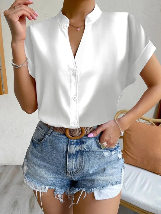 Women Solid Folds PU Leather Button Turn Down Collar Bodycon Working Blouse