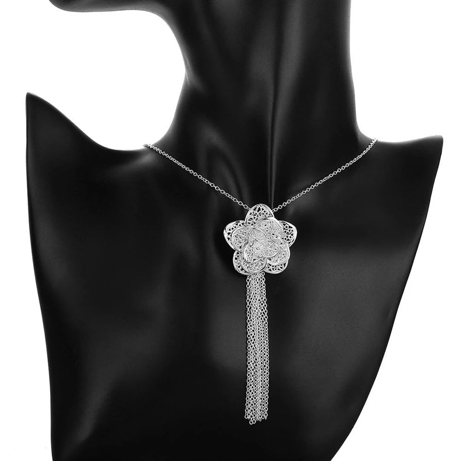 925 sterling Silver Jewelry set for women flower Pendant bangle earrings rings bracelet necklaces