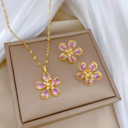 Exquisite Fashion Micro-painted Cute Pink Charm Flower Necklace Earring Set, stainless Steel Accessories