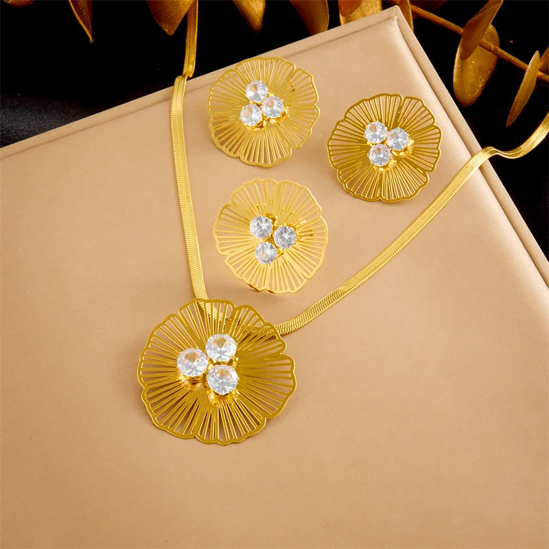 Stainless Steel Hollow Flower Inlaid With Zircon Necklace Earrings Ring For Women New Trend Non-fading Jewelry Set