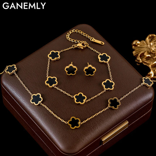Stainless Steel Black Plum Flower Five Leaf Clover Necklace Bracelet Earrings Jewelry Set For Women