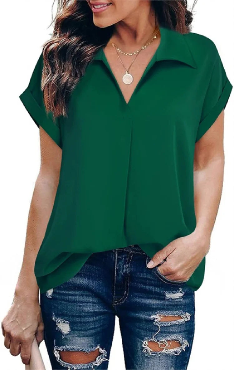 Women Summer Style Blouses Shirts Lady Casual Turn-down Collar Batwing Sleeve Solid Color Loose Blouse