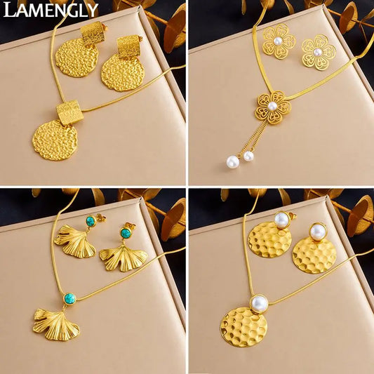 Stainless Steel White Rhinestone Flower Pendant Necklace Earrings For Women Girl Light Luxury Jewelry Set Gifts