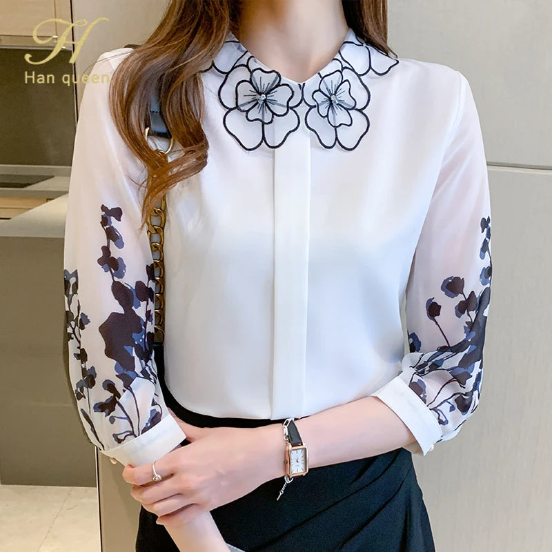 Professional Print Women Blouses Work Casual Top Chiffon Blouse Elegant Simple Loose Shirt