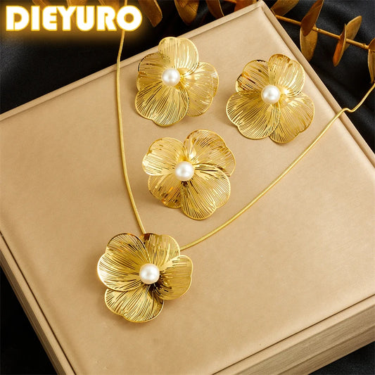 Stainless Gold plated 3D hollow camellia Pearl Necklace Bracelet Ring Suit Women Girl New Trend Non-fading jewelry Set