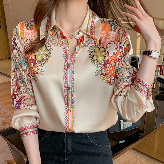 Long Sleeve Shirts Casual Tops Spring Fashion Women Floral Print Blouse Tops Ladies Shirts