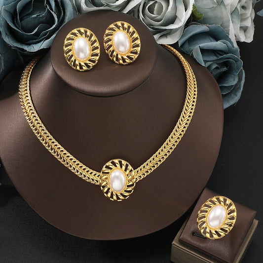 Elegant Necklace Earrings ring Jewelry Sets Stainless Steel Pearl Thick Chain Necklace