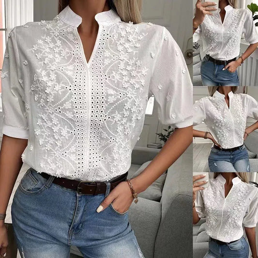 Summer Elegant Short Sleeve White Shirt Vintage Tops Crochet Hollow Blouses For Women Fashion