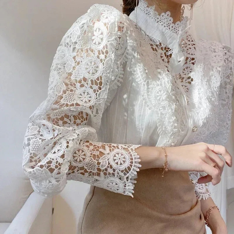 Shirt Women Office Lady Flower Blouse Spring Hollow Out Lace  Stand Collar Button Female Clothing