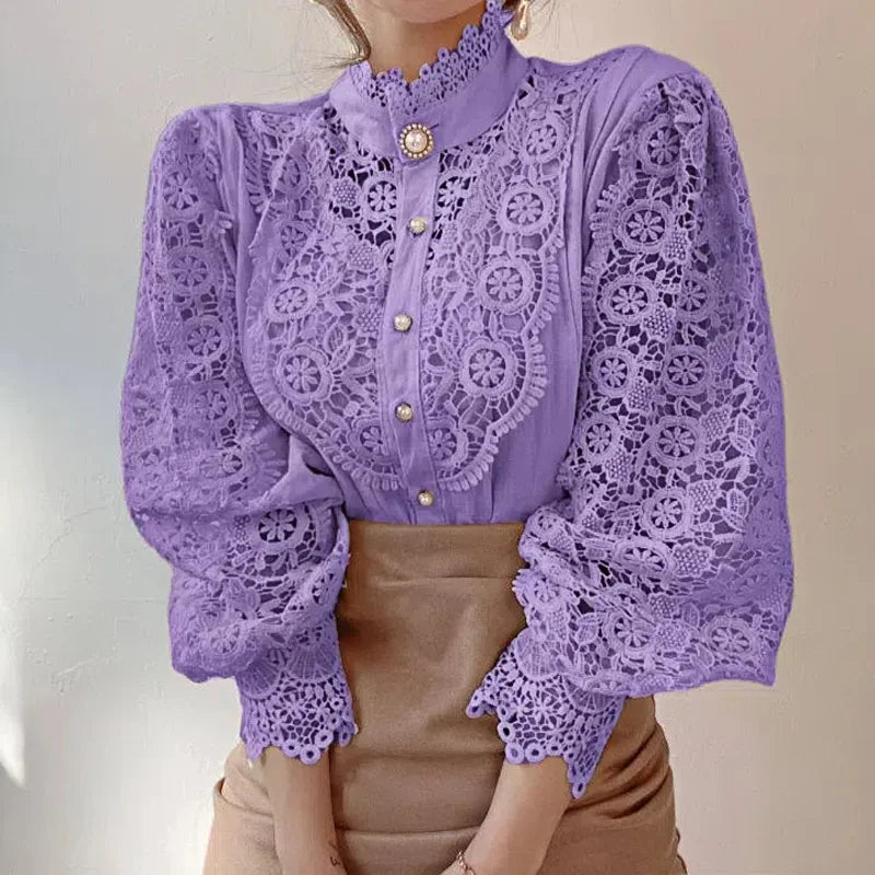 Shirt Women Office Lady Flower Blouse Spring Hollow Out Lace  Stand Collar Button Female Clothing