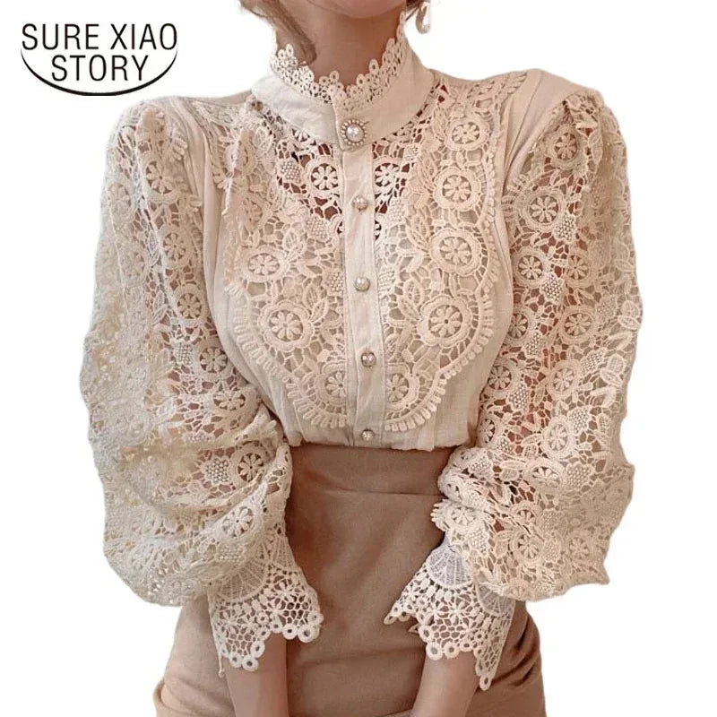 Shirt Women Office Lady Flower Blouse Spring Hollow Out Lace  Stand Collar Button Female Clothing
