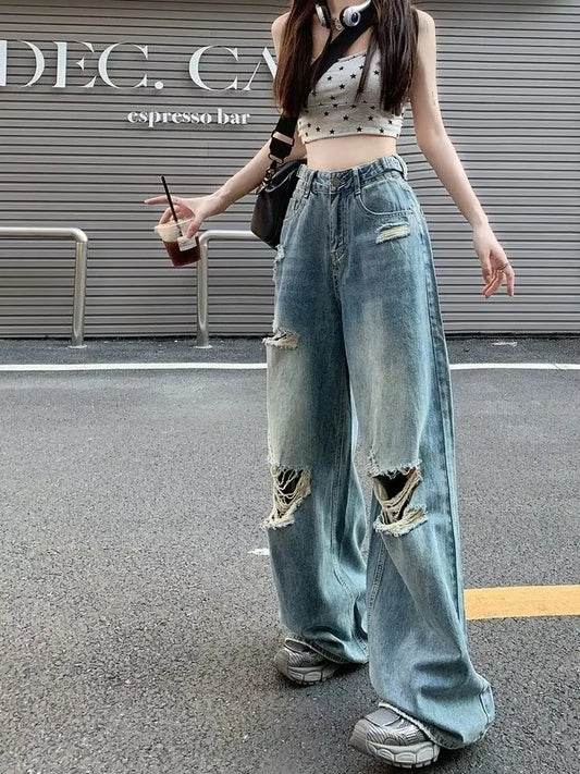 Vintage Pants, Jeans, Women's Torn Wide Leg Pants, Summer High Waist, Loose Fitting Long Pants, Women's Jeans