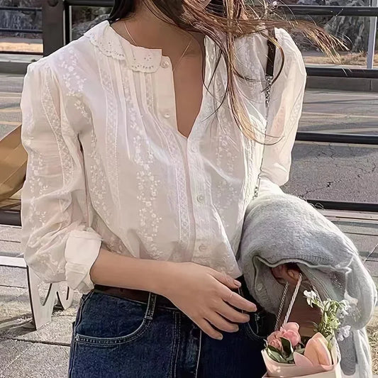 Korean Style INS Lace Trimming Age-Reducing Versatile Slimming Casual Puff Sleeve Top