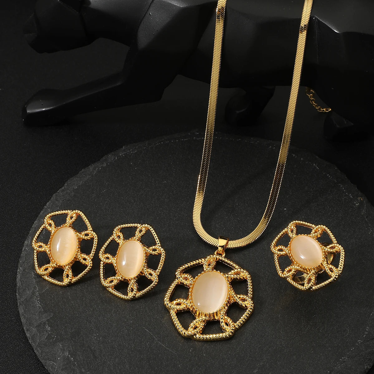 Golden opal pendant Necklace Earrings  Ring for Women