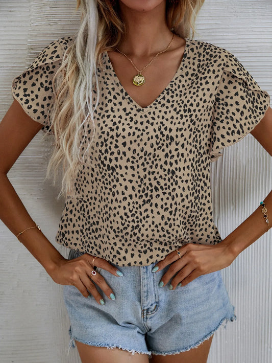 Stylish and elegant women's shirt small V-neck short sleeve petal sleeve pleated lace full body print