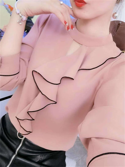 Women Chiffon Blouses Shirts Lady Casual Long Sleeve Ruffles Decor Stand Collar