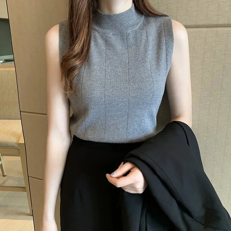 Korean Fashion Ladies Tops Spring New Summer Women Tops Casual Clothes Sleeveless Knit Elastic Blouse