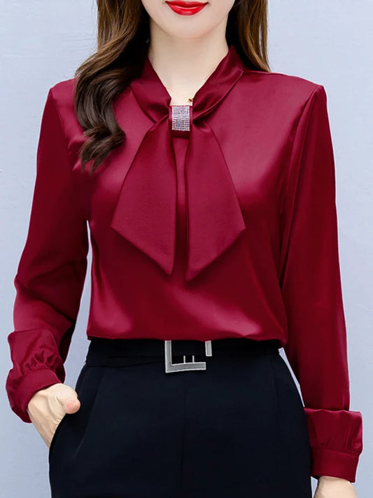 Long Sleeve Blouse Women Bow Collar Chiffon Blouse Shirt Tops Women Blouse