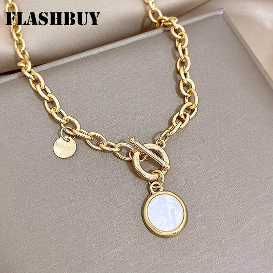 Trendy Black White Round Pendant Necklace for Women Gold Silver Color Chain Necklace Fashion Jewelry