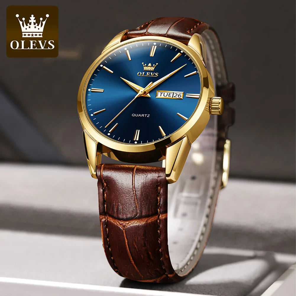 OLEVS Mens Quartz Watches Casual Fashion, Breathable leather Waterproof luminous Wristwatch