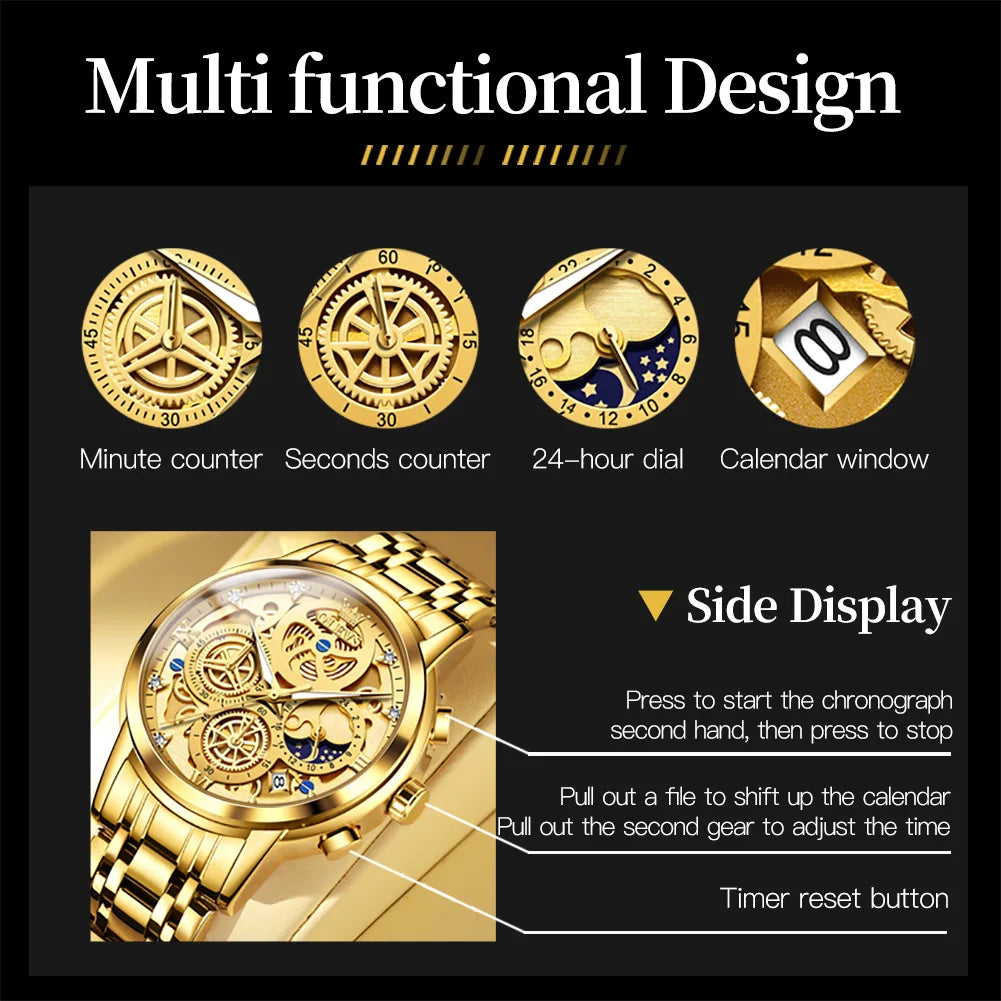 OLEVS Men's Waterproof Quartz Watch for Man Gold Skeleton Style 24 Hour Day Night Watch