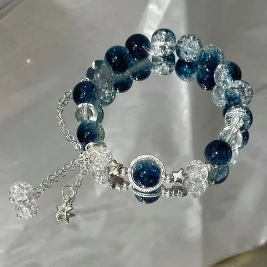 Niche Design Star Chain Tassel Bracelet for Women Fantasy Blue Crystal Beads Elastic Rope Bracelet