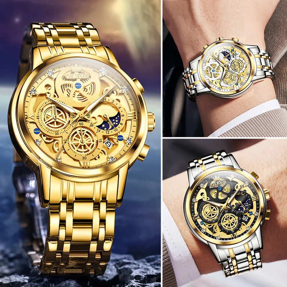 OLEVS Men's Waterproof Quartz Watch for Man Gold Skeleton Style 24 Hour Day Night Watch