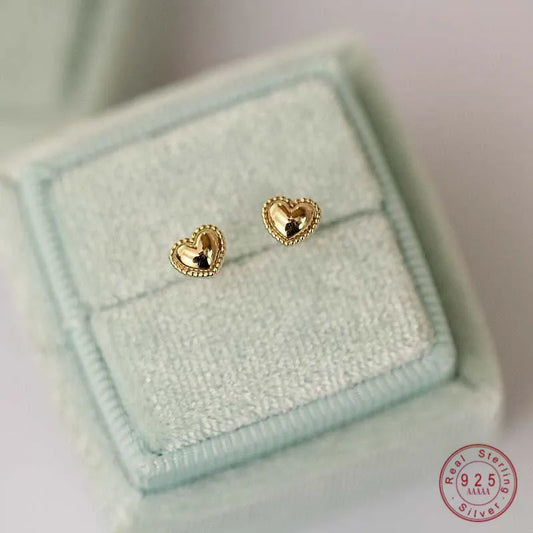 925 Sterling Silver 14k Gold Plated Stud Earrings Cute Cake Side Heart Earrings Korean style