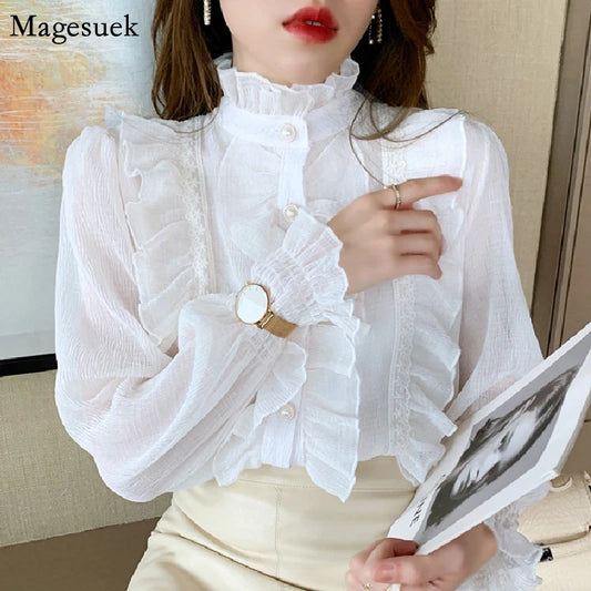 Korean Women Elegant Chiffon Shirt and Blouses Chic Long Sleeve Lace Ruffles Stand Collar Casual Loose White Top