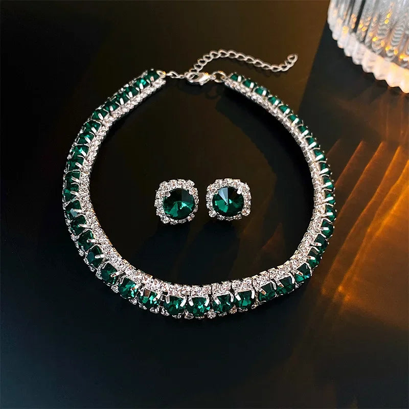 Inlaid Green Rhinestone Necklace Earring Set for Women Luxury Choker Necklace Stud Earrings