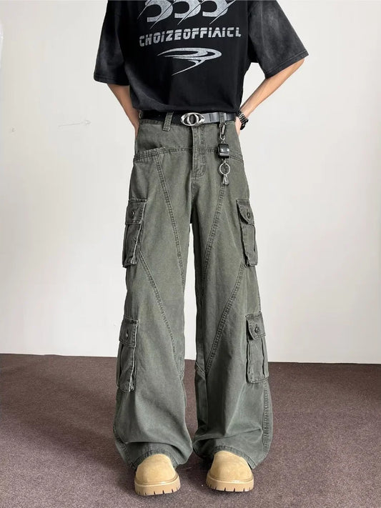 2025 Trashy Y2K Fashion Vintage Green Baggy Stacked Cargo Jeans Pants For Men