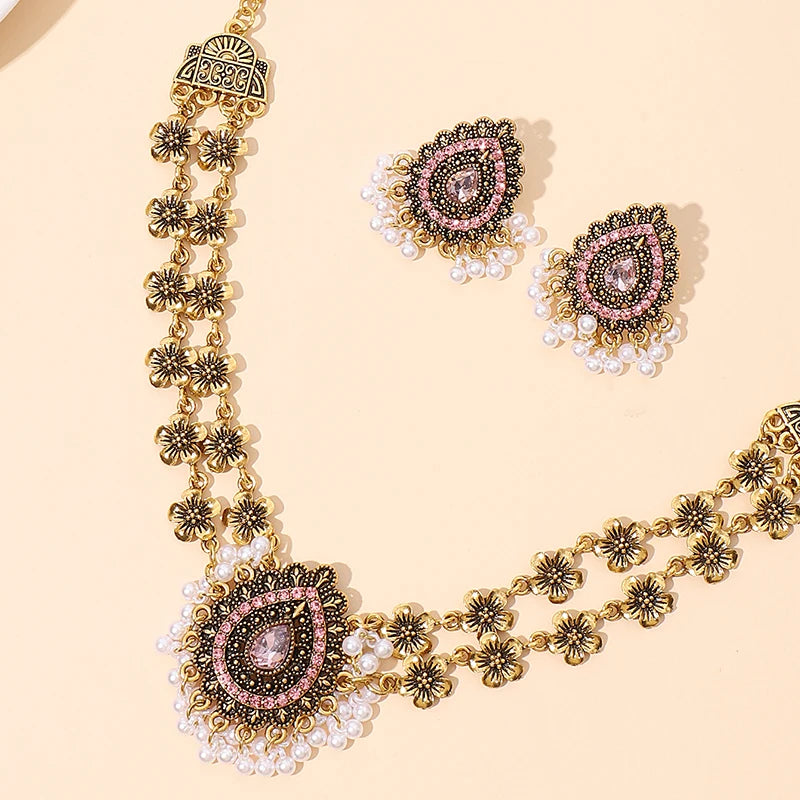 Antique Golden Flower Chain Necklace Set Women's Crystal Waterdrop Pearl Tassel  Earrings Necklaces Retro Bohemian Jewelry