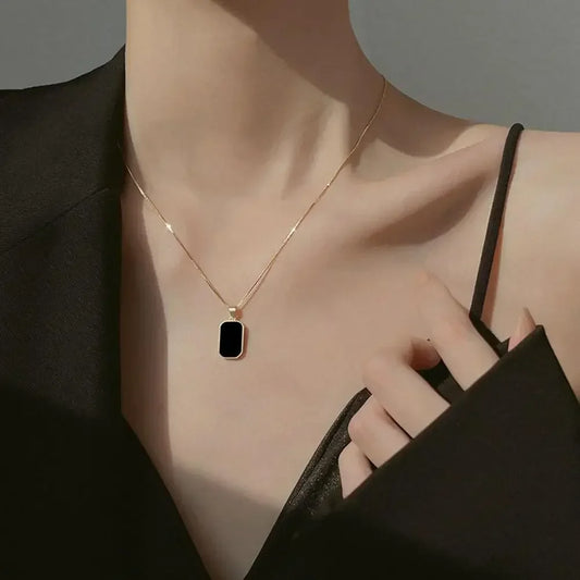 Stainless Steel Minimalist Square Pendant Korean Black Enamel Women's Gold Color Vintage Necklace