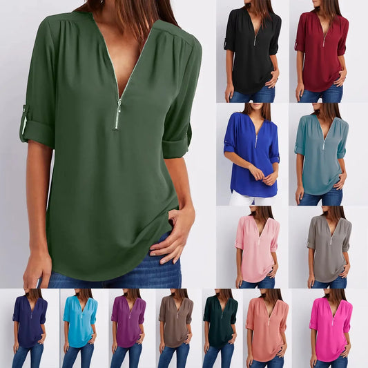 Women Cool Loose Shirt Deep V Neck Chiffon Fashion Zipper Pullover Blouse