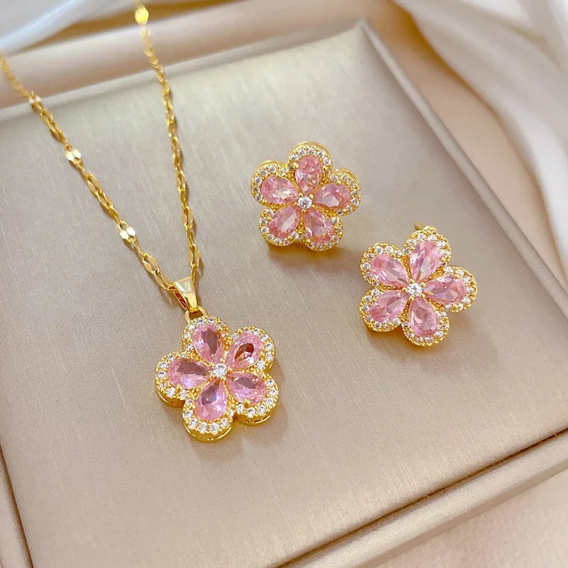Stainless Steel Austrian Crystal Enamel Square Pendant Jewelry Sets Women