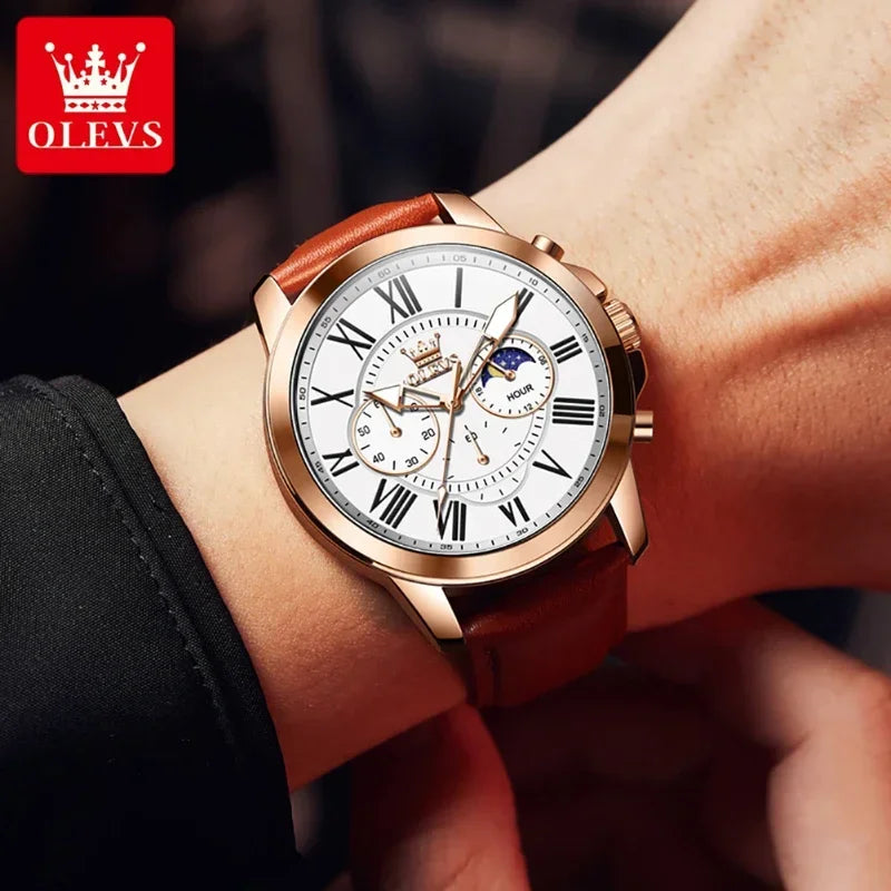 OLEVS 3632 Men's Watches Luxury Waterproof Leather Strap Moon phase Quartz Luminous 45.5MM Big Dial Watch