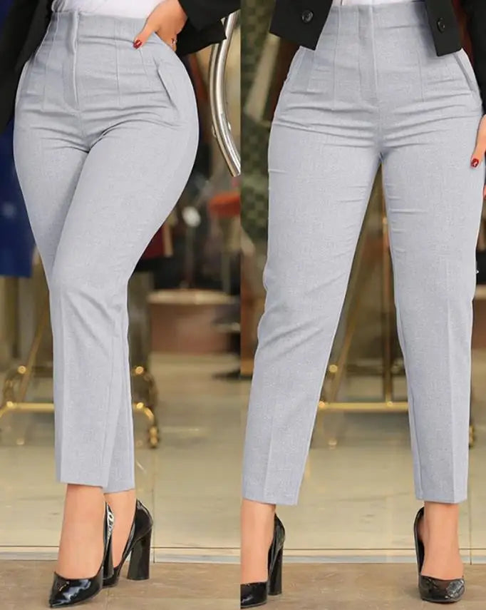 Elegant High Waist Cropped Work Pants For Women, Daily Office Formal Wear