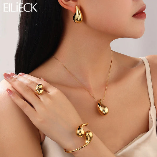 Stainless Steel Water drop Necklace Bracelet Earrings Ring For Women, 4-piece Set Jewelry