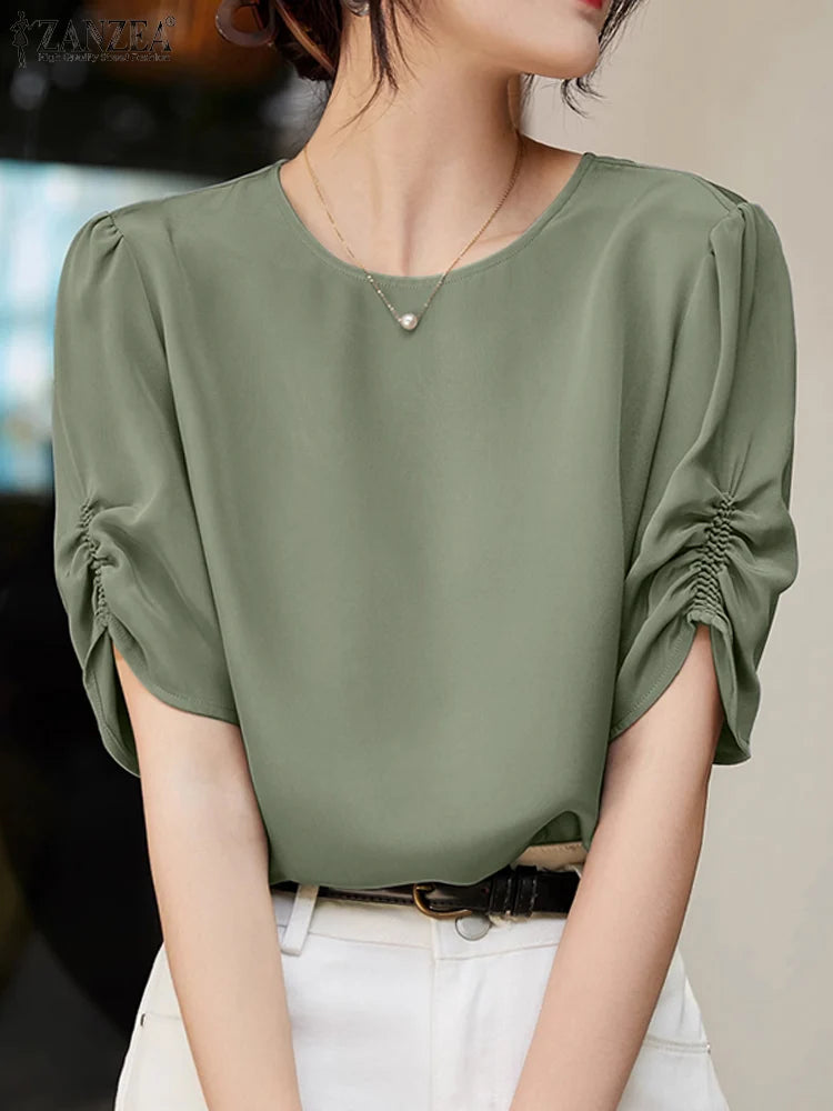Solid Casual Office Work Tops Fashion Summer Short Sleeve Elegant Loose Blouse